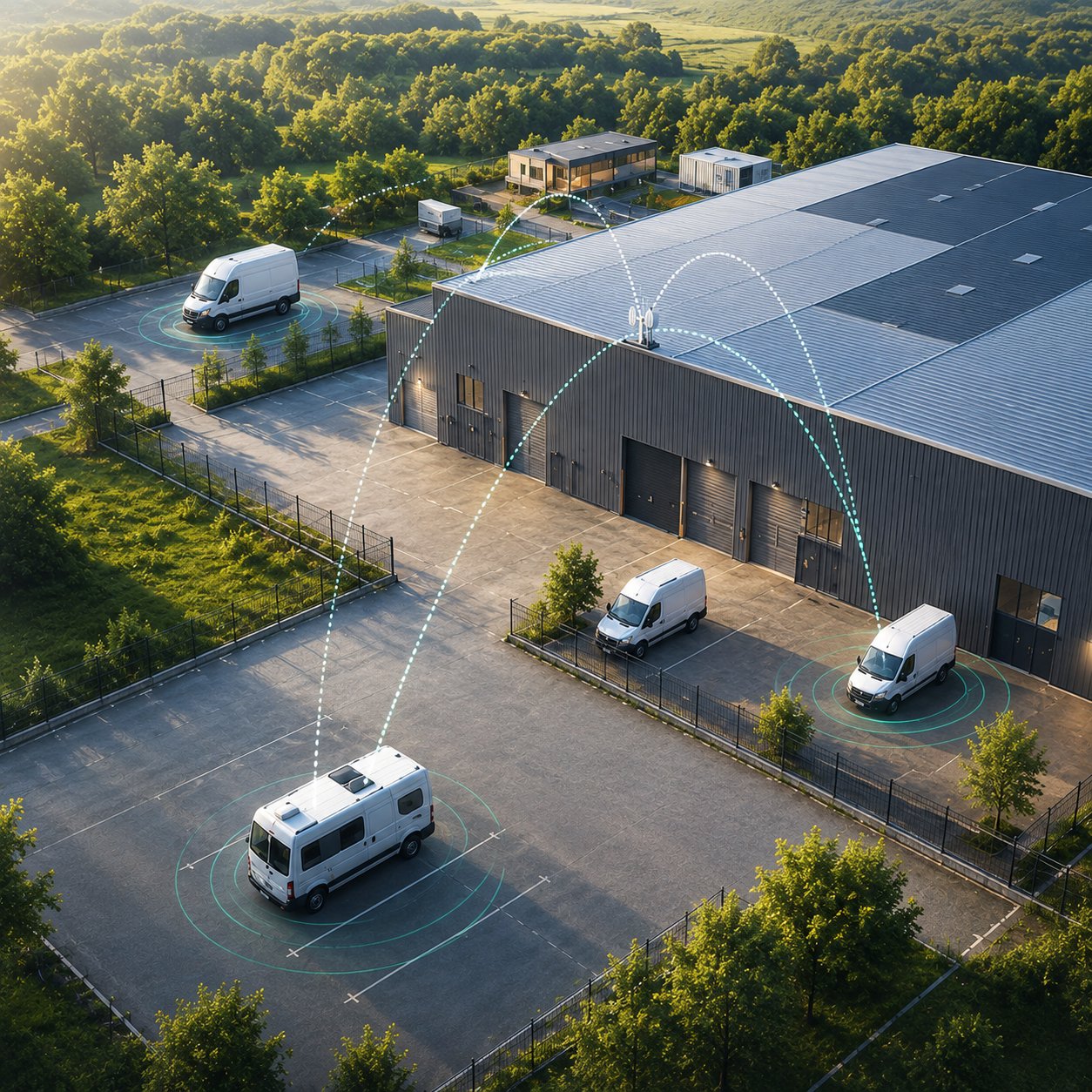 Commercial vans parked at a modern depot in early morning light